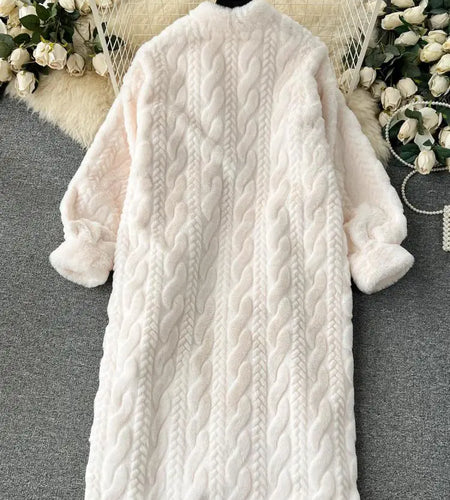 Winter Women Beige Faux Fur Coat High Quality Thick Warm Loose Long Jacket Parka Female Single Breasted Plush Cardigan Outerwear
