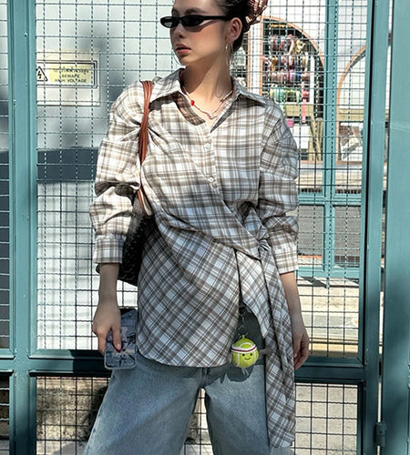 Women Blue Plaid Bandgae Casual Big Size Long Blouse New Lapel Long Sleeve Shirt Fashion Tide Spring Autumn 2025 1DH9771