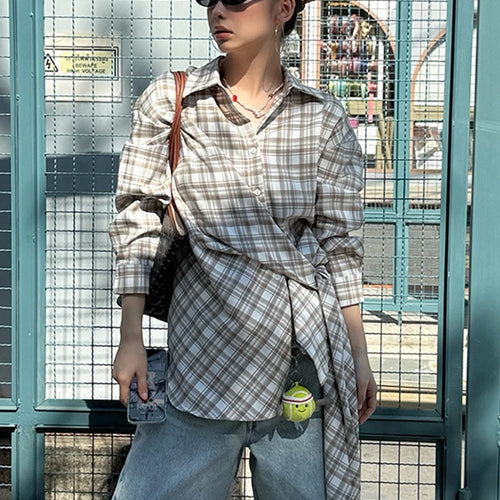 Load image into Gallery viewer, Women Blue Plaid Bandgae Casual Big Size Long Blouse New Lapel Long Sleeve Shirt Fashion Tide Spring Autumn 2025 1DH9771
