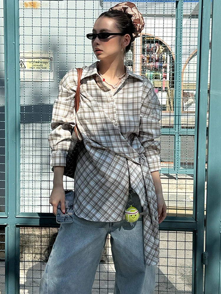 Women Blue Plaid Bandgae Casual Big Size Long Blouse New Lapel Long Sleeve Shirt Fashion Tide Spring Autumn 2025 1DH9771