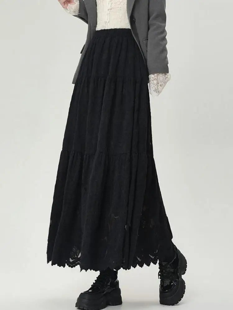 French Women Solid Velvet Lace Elegant Vacation Pleated Long Skirt 2024 Autumn Winter New High Waist Party Skirt Fashion Popular