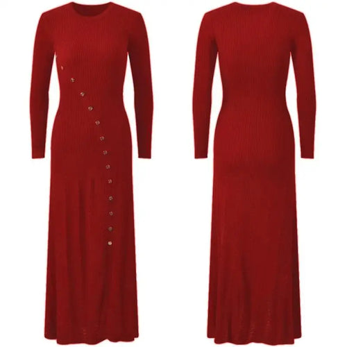 Load image into Gallery viewer, Korean Autumn Winter Black Beige Elegant Single Breasted Dress Women Red Long Sleeves 2024 Knitted Split Dress Popular Trend New
