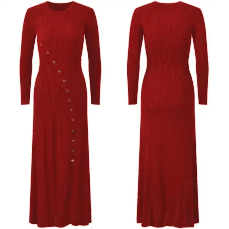 Korean Autumn Winter Black Beige Elegant Single Breasted Dress Women Red Long Sleeves 2024 Knitted Split Dress Popular Trend New