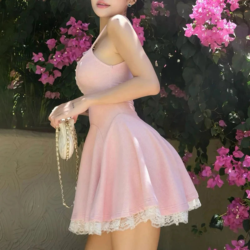 Spaghetti Strap Pink Sweet Summer Dress Women Lace Patchwork A-Line Sundress Cute Coquette Mini Dress Holidays Korean