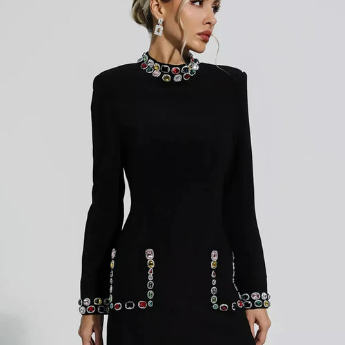 Load image into Gallery viewer, Elegant Spliced Diamonds A Line Dresses For Women Stand Collar Long Sleeve High Waist Patchwork Pockets Vintage Dress Female

