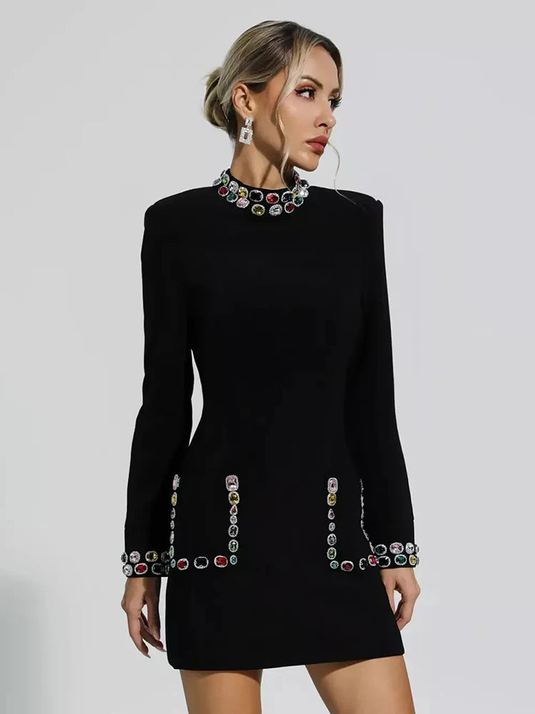 Elegant Spliced Diamonds A Line Dresses For Women Stand Collar Long Sleeve High Waist Patchwork Pockets Vintage Dress Female