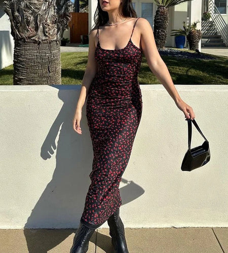 Summer Floral Print Slips Backless Elegant Sexy Slim Maxi Prom Dress Women New Clothes Evening Party Festival Y2K