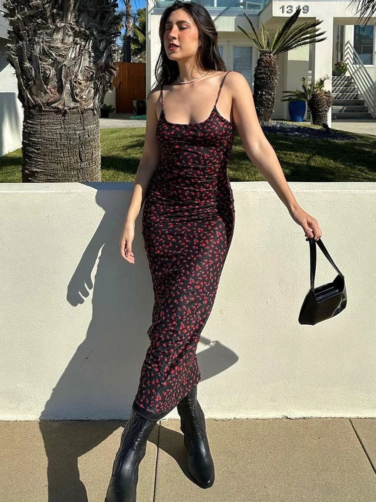 Summer Floral Print Slips Backless Elegant Sexy Slim Maxi Prom Dress Women New Clothes Evening Party Festival Y2K