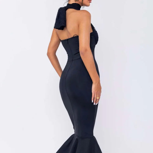 Load image into Gallery viewer, Sexy Hanging Collar Lace Patchwork Deep V Evening Dress Women Elegant Backless Party Club Vestido Autumn/winter 2024 New
