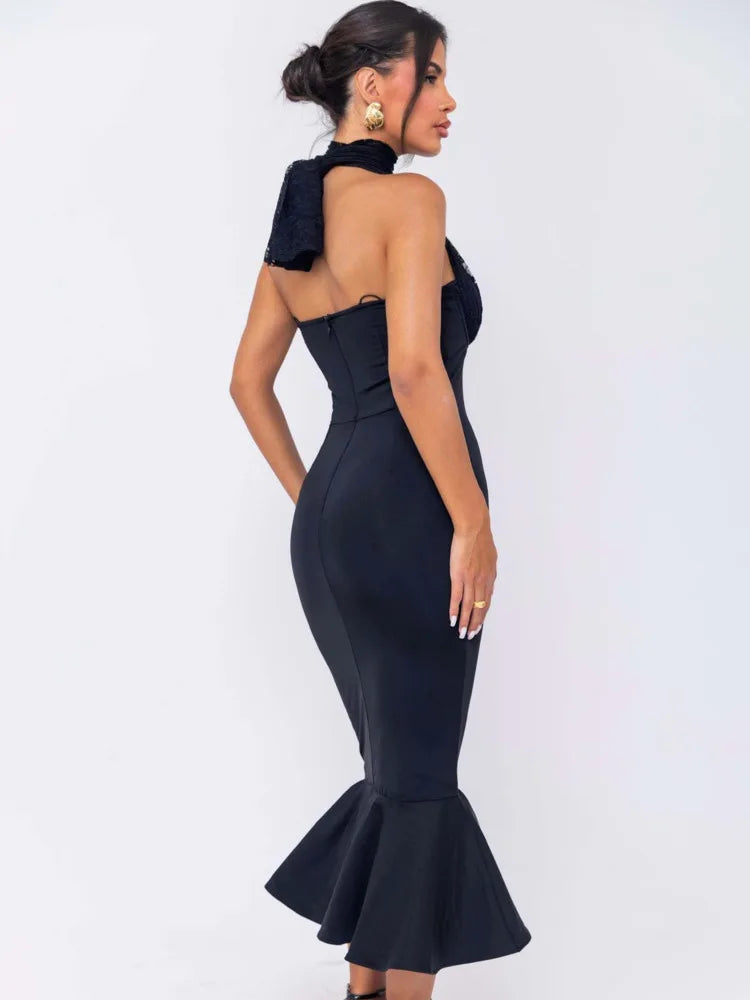 Sexy Hanging Collar Lace Patchwork Deep V Evening Dress Women Elegant Backless Party Club Vestido Autumn/winter 2024 New