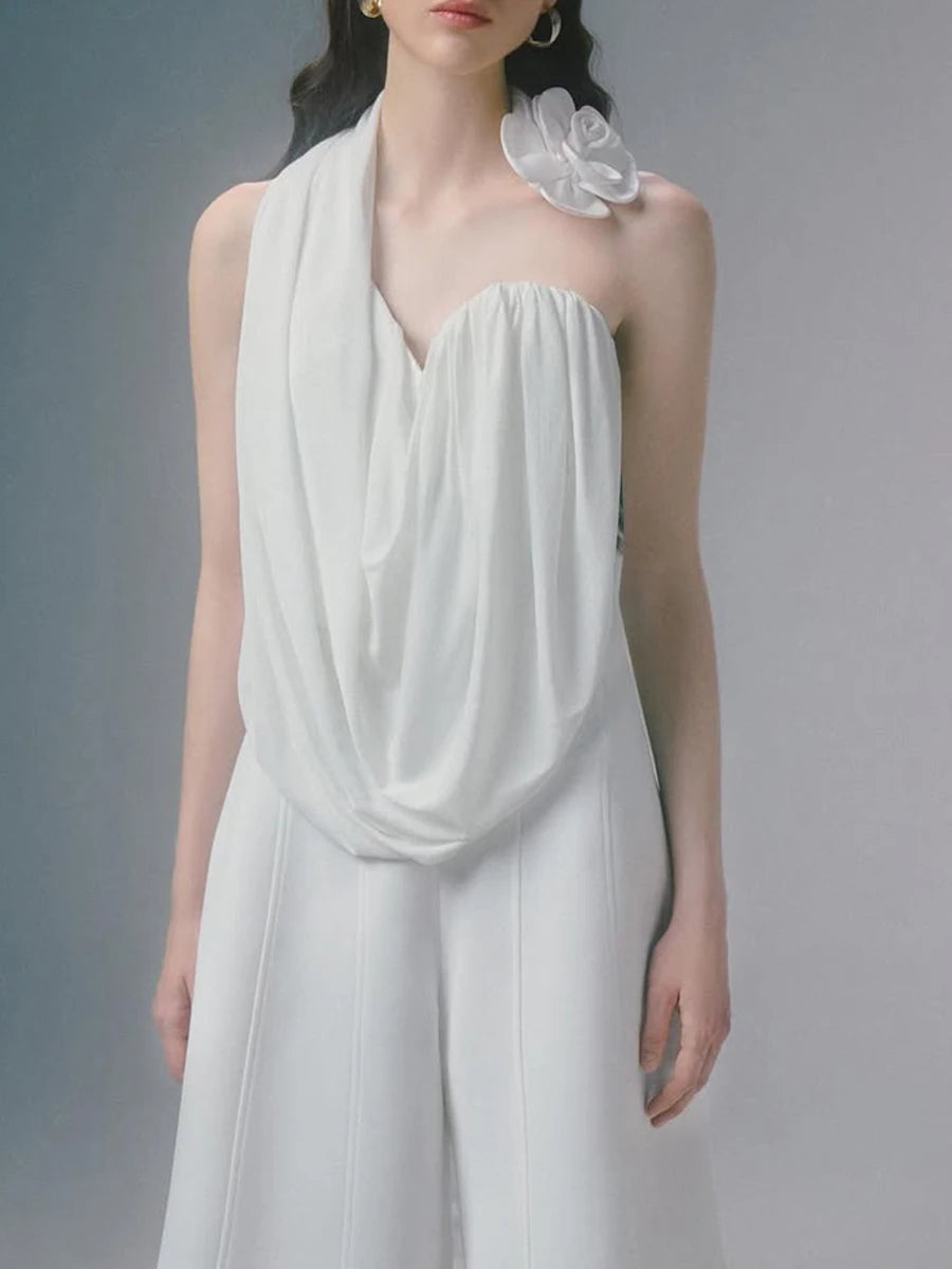 Solid Spliced Folds Loose Blouses For Women Halter Sleeveless Temperament Shirt Female Fashion Style Clothes New