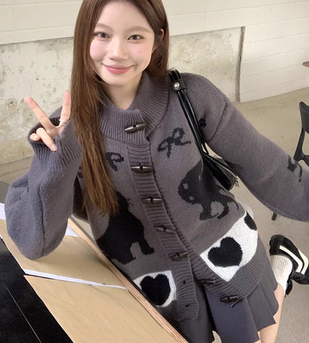 Vintage Striped Cartoon Jacquard Loose Cardigan Harajuku Stand Neck Horn Toggle Button Sweaters Y2k Aesthetic Knitted Cardigans