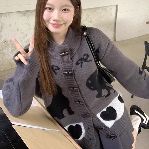 Load image into Gallery viewer, Vintage Striped Cartoon Jacquard Loose Cardigan Harajuku Stand Neck Horn Toggle Button Sweaters Y2k Aesthetic Knitted Cardigans
