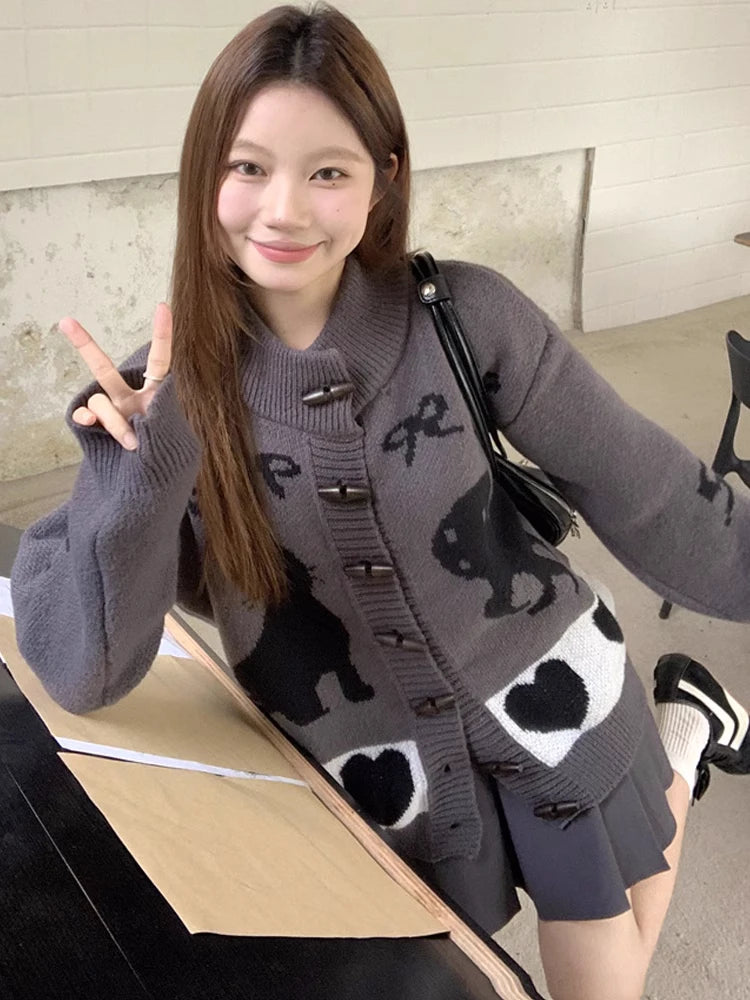 Vintage Striped Cartoon Jacquard Loose Cardigan Harajuku Stand Neck Horn Toggle Button Sweaters Y2k Aesthetic Knitted Cardigans