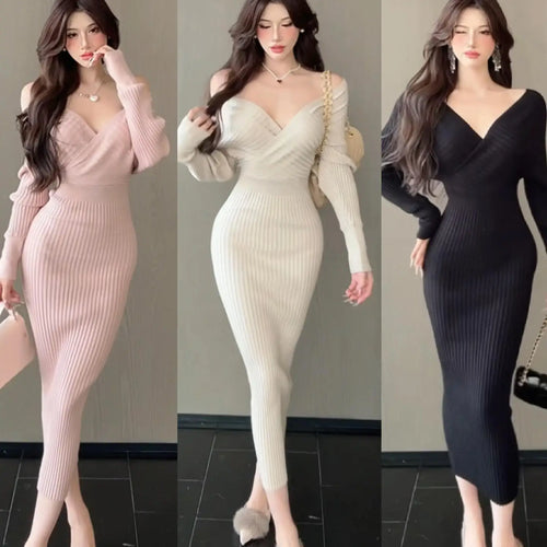 Load image into Gallery viewer, French Black Beige V Neck High Waist Slim Backless Wrap Hip Knitted Dresses Autumn Winter Pink Long Sleeves Office Dress Popular
