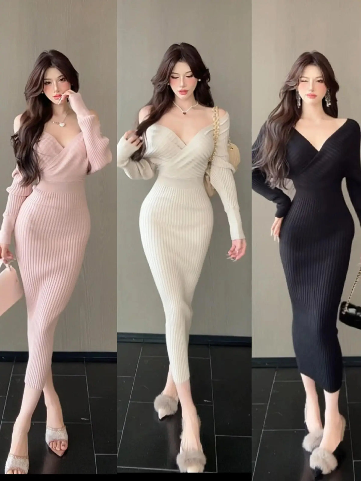 French Black Beige V Neck High Waist Slim Backless Wrap Hip Knitted Dresses Autumn Winter Pink Long Sleeves Office Dress Popular