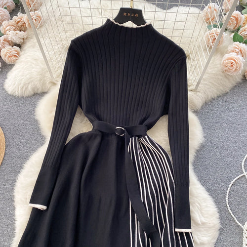 Load image into Gallery viewer, Autumn Fashion New Knitted Straight Patchwork Party Long Dress Korean Women's Half High Neck Elegant Casual Sweater Warm Dresses
