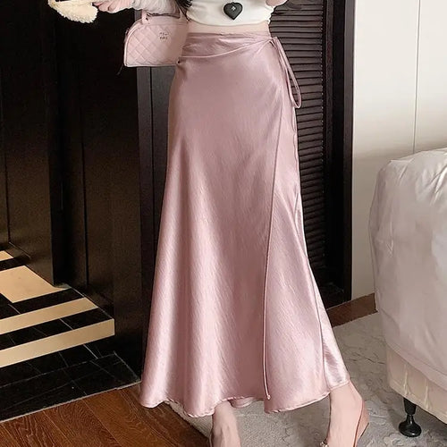 Load image into Gallery viewer, French Fashion Solid High Waist Lace-up Long Skirts 2025 Spring Summer Women Vacation Pleated Fishtail Skirt Simplicity Popular
