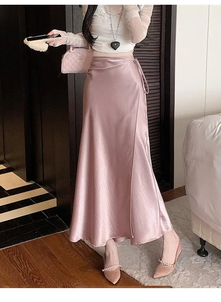 French Fashion Solid High Waist Lace-up Long Skirts 2025 Spring Summer Women Vacation Pleated Fishtail Skirt Simplicity Popular