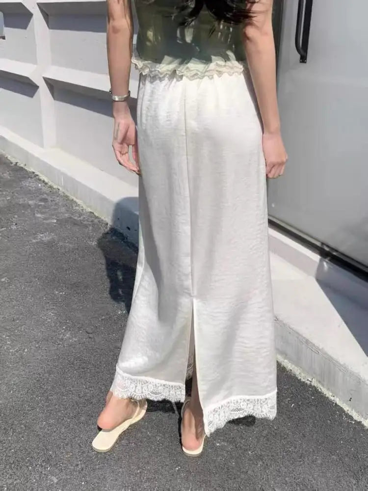 Spring Summer Women Patchwork Lace Elegant Long Skirt Korean Version High Waist Temperament Vacation Pleated Half Skirt Clothing