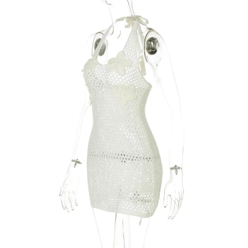 Load image into Gallery viewer, Hollow Out Beach Knit Sexy Mini Dress Women Elegant Halter Lace-up Sleeveless Backless Vacation Club Party Dress
