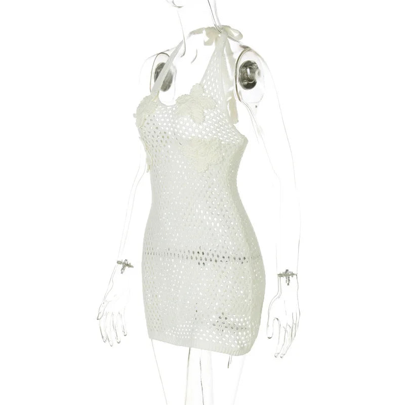 Hollow Out Beach Knit Sexy Mini Dress Women Elegant Halter Lace-up Sleeveless Backless Vacation Club Party Dress