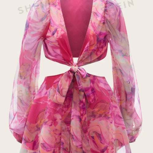 Load image into Gallery viewer, Sexy Deep V-print Long Sleeved Lace Up Women Playsuit Autumn Casual Lantern Sleeve Chiffon Elegant Holiday Party Beach
