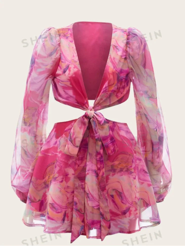 Sexy Deep V-print Long Sleeved Lace Up Women Playsuit Autumn Casual Lantern Sleeve Chiffon Elegant Holiday Party Beach