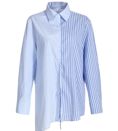 Colorblock Striped Blouses For Women Lapel Long Sleeves Side Split Binding Designer Blouse Female Fashion Clothes