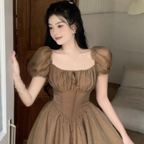 Load image into Gallery viewer, Vintage Brown Mini Dress Retro Elegant Wrap Puff Sleeve Square Collar Slim Short Dresses Summer Sundress
