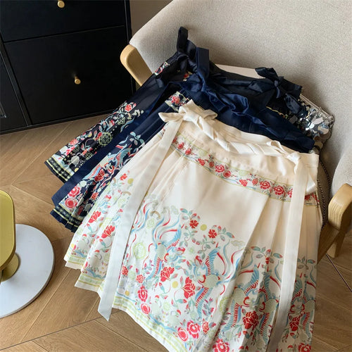 Load image into Gallery viewer, Spring Chinese Style Improved Printed Bandage Mini Skirt Women High Waist Slim A-line Pleated Horse Face Short Skirts Versatile
