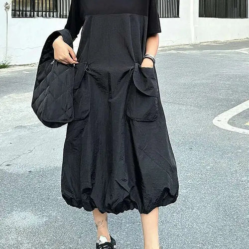 Load image into Gallery viewer, Women Black Drawstring Pocket Big Size Midi Dress New Round Neck Shhort Sleeve Fashion Tide Spring Summer 2025 1DJ0773
