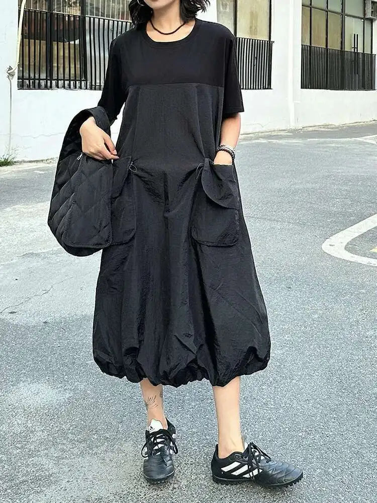 Women Black Drawstring Pocket Big Size Midi Dress New Round Neck Shhort Sleeve Fashion Tide Spring Summer 2025 1DJ0773