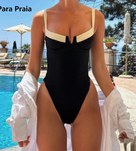 Black White Patchwork One Piece Swimsuit Women 2024 High Waist Monokini Sexy Swimwear Push Up Bathing Suit