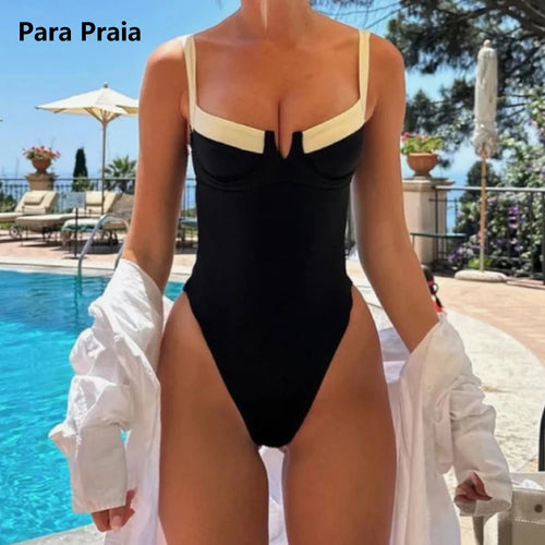 Load image into Gallery viewer, Black White Patchwork One Piece Swimsuit Women 2024 High Waist Monokini Sexy Swimwear Push Up Bathing Suit
