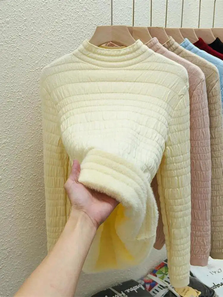 Autumn Winter Korean Fashion Solid Half Height Collar Velvet Knit Sweater Women Warm Long Sleeve Pullovers Tops Casual Popular
