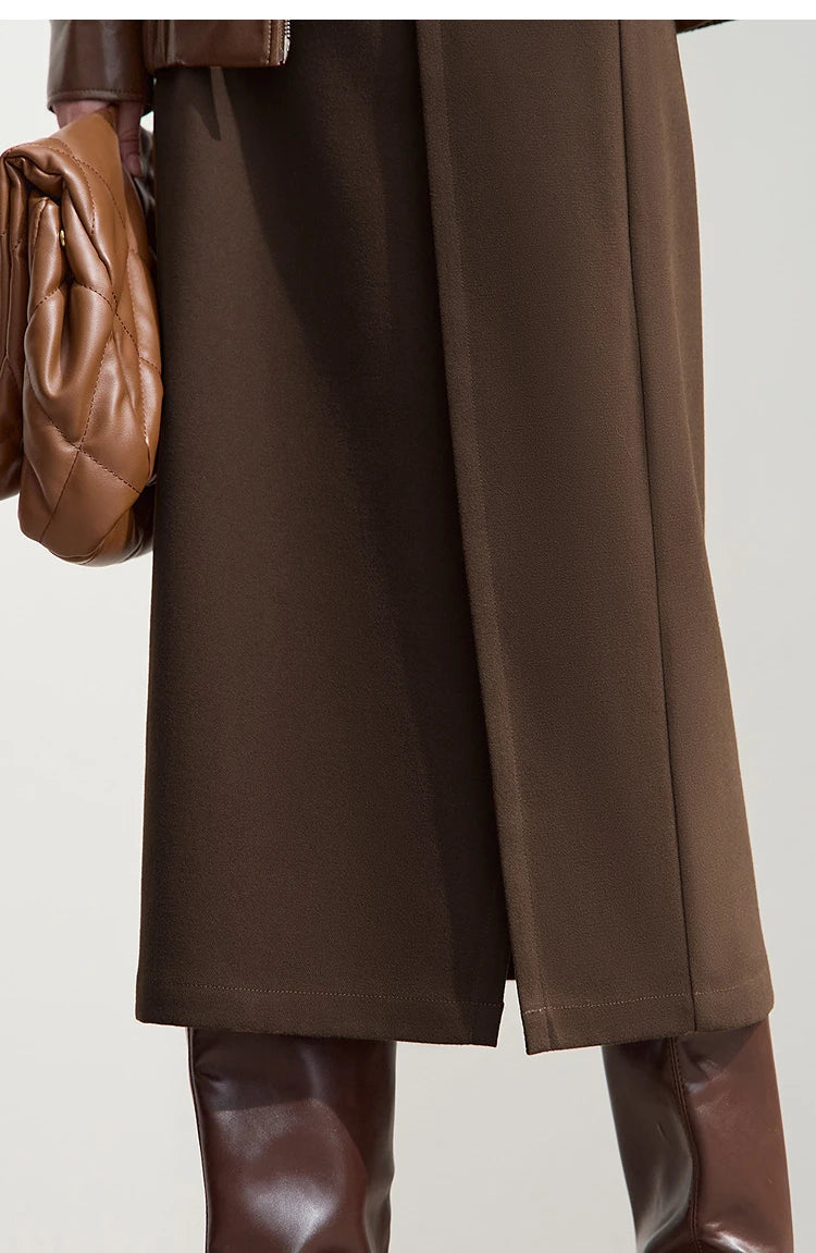 Minimalist Women Brown Skirts 2025 Autumn Retro Brushed Twill Side Slit Office Lady Midi Skirts Woman Clothing 12543057