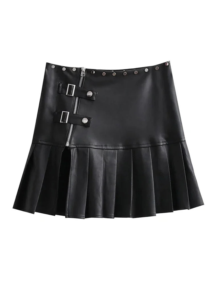 Spring Summer Sexy Retro White Black Pu Leather Mini Pleated Skirt Women Zipper Rivet Side Slit Short Designer Clothes
