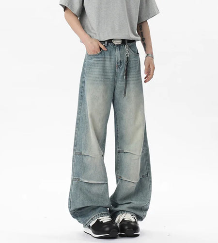 Male Jeans Spring Causal Pleated Design Solid Color Korean Loose Bottoms Straight Wide Leg Denim Pants Summer 2025 9W1253