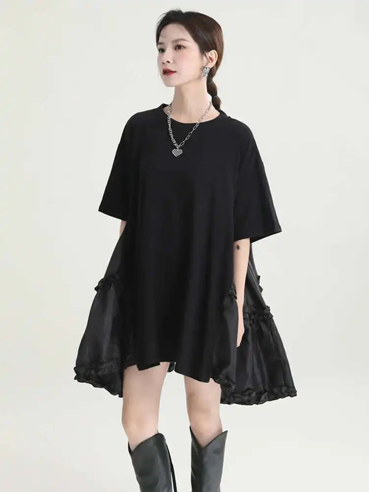 Women Black Ruffles Irregular Big Size Mini Dress New Round Neck Short Sleeve Fashion Tide Spring Summer 2025 1DH9574
