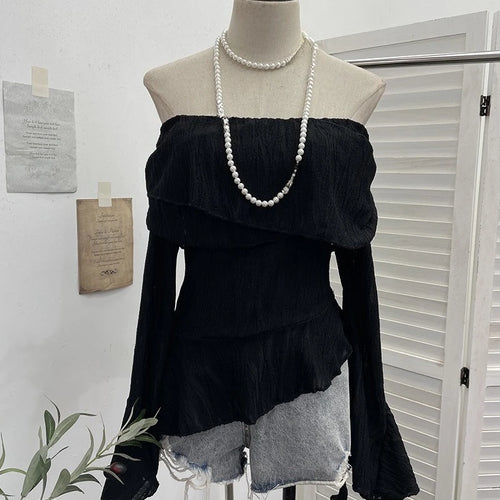 Load image into Gallery viewer, Harajuku Slash Neck Pleated Women Y2k Aesthetic Tops Y2k Aesthetic Irregular Ruffled T-shirt Grunge Sexy Flare Sleeve Fairy Tops
