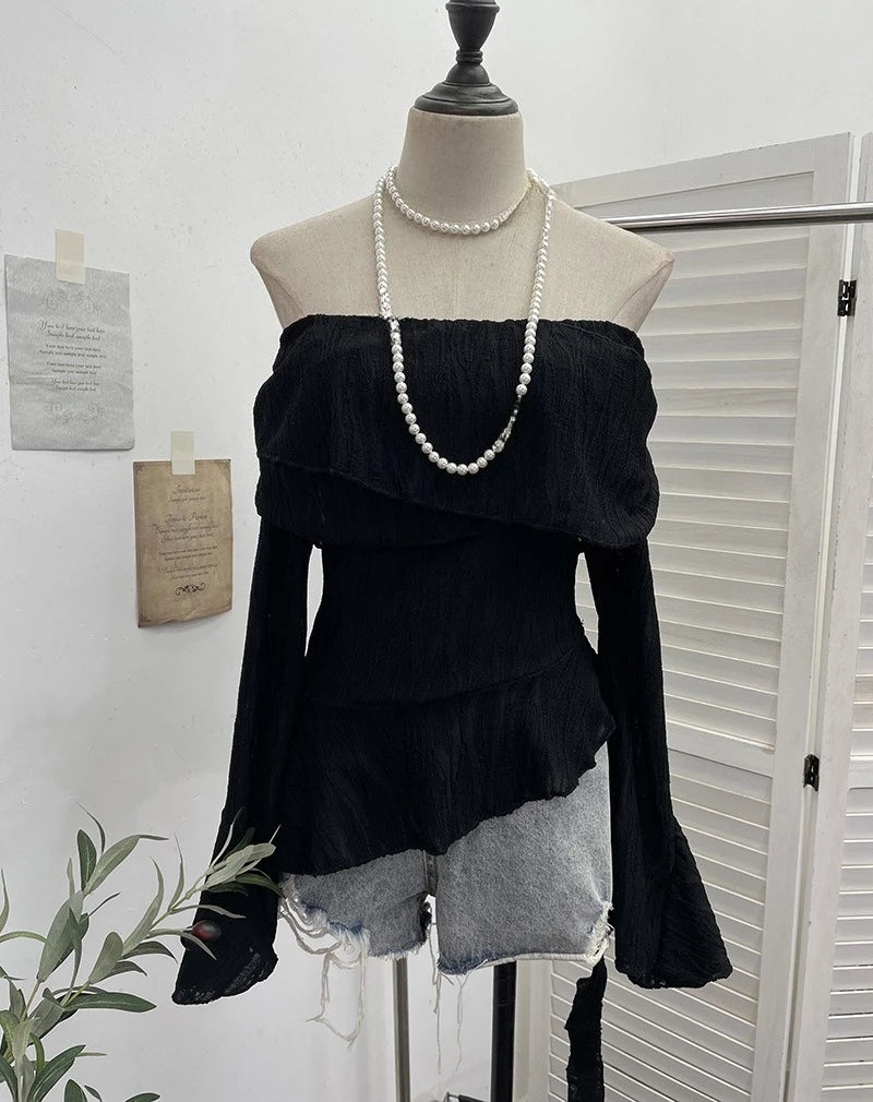 Harajuku Slash Neck Pleated Women Y2k Aesthetic Tops Y2k Aesthetic Irregular Ruffled T-shirt Grunge Sexy Flare Sleeve Fairy Tops