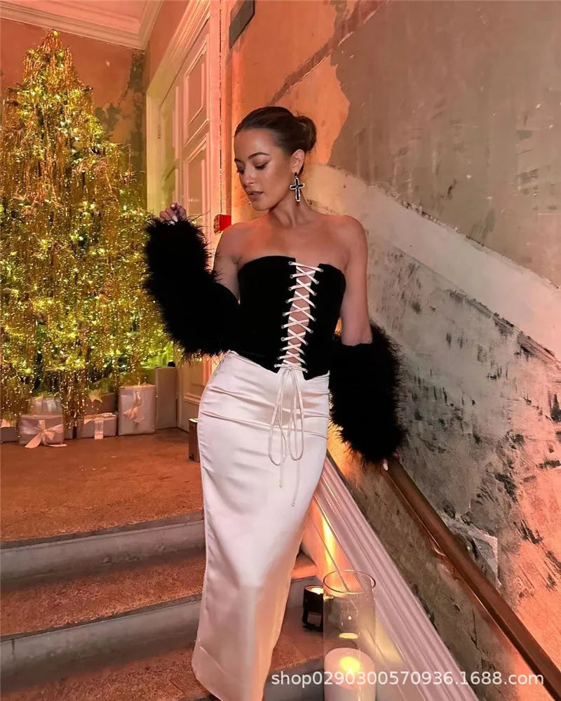 Elegant Sexy Skirt Two Piece Set Women Strapless Bandage Crop Top And Maxi Skirt Female Fashion Club Party Sexy Sets