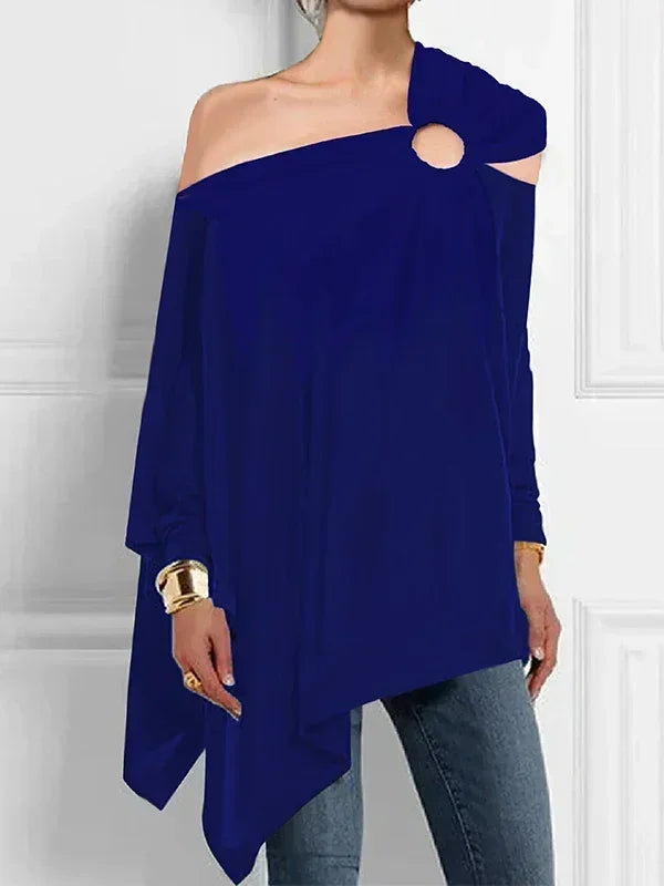 Solid Color Hollowed Asymmetric T-shirt for Women One-Shoulder Long Sleeve Loose Fit Shirt Top Female Blouse