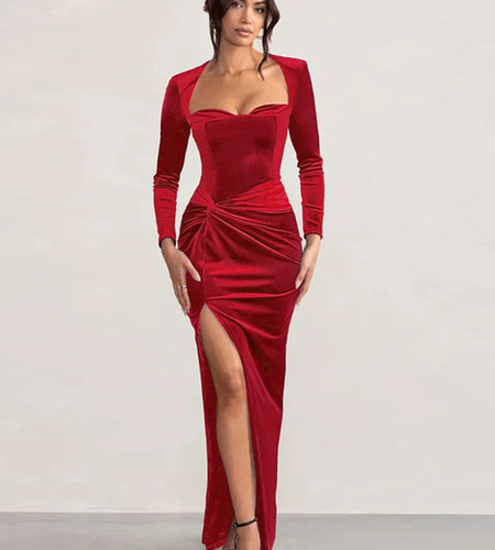 Velvet Long Sleeve Sexy Maxi Dress For Women Autumn Winter New Square Collar Thigh High Split Evening Club Party Dress