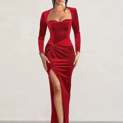 Load image into Gallery viewer, Velvet Long Sleeve Sexy Maxi Dress For Women Autumn Winter New Square Collar Thigh High Split Evening Club Party Dress
