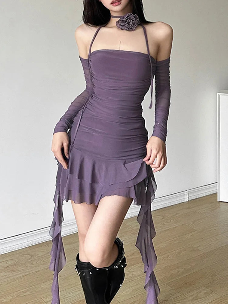 Autumn/Winter New Sexy One Line Neck Fashion Lace Up Wrap Hip Women Dress Ruffle Edge Tight Party Evening Dress