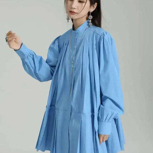 Load image into Gallery viewer, Women Blue Pleated Hem Long Big Size Blouse New Stand Collar Long Sleeve Shirt Fashion Tide Spring Autumn 2025 1DH5707
