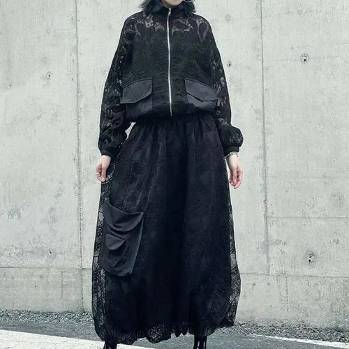 Load image into Gallery viewer, Black Lace Jacket Pocket Skirt Two Pieces Suit New Stand Collar Long Sleeve Women Fashion Tide Spring Autumn 2025 1DJ0248
