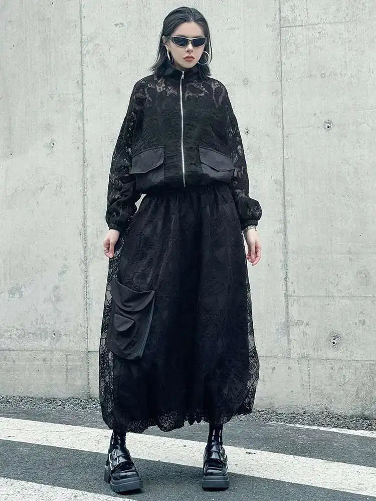 Black Lace Jacket Pocket Skirt Two Pieces Suit New Stand Collar Long Sleeve Women Fashion Tide Spring Autumn 2025 1DJ0248